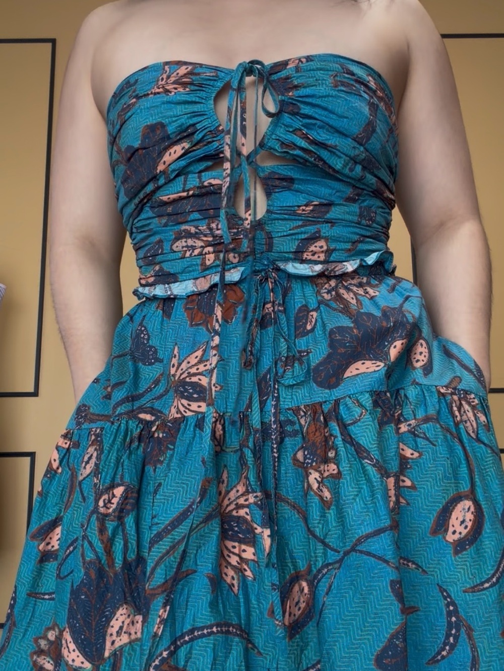 Ulla Johnson Teal Floral Strapless/Halter Dress, Size S